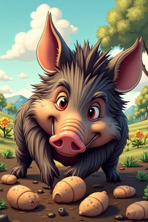 cartoon art style , wild boar digs potatoes with its nose in potatoes field near the house