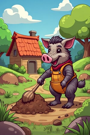 cartoon art style , wild boar digs potatoes in potatoes field near the house