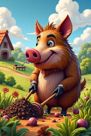 cartoon art style , wild boar digs potatoes in potatoes field near the house