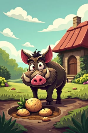 cartoon art style a wild boar digs potatoes out of the ground with its nose in potatoes field near the house