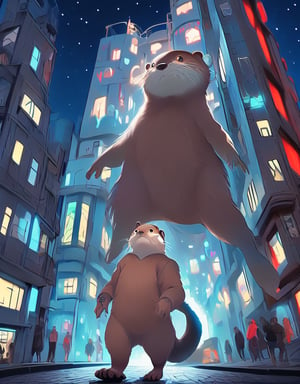 I want to create an otter that is in a futuristic city, the otter is a cyborg, the otter has a red eye because of its cyborg form,
The otter is on a street at night which is illuminated by many light poles.,illustration,rgbcolor