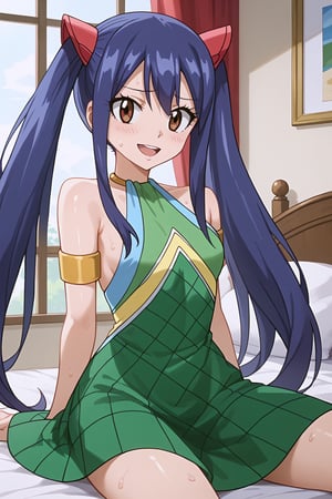 Score_9, Score_8, Score_7, masterpiece, best quality, beatiful, detail face, (bedroom), intense lewd eye contact with viewer, shiny skin, sweat, shy, blushing, dialogue bubble,sumise, look at the viewer, sexy smile, moaning, wendy, brown eyes, blue hair, fairy tail, green dress, sleeveless, armlet, backless dress, long hair, twin tails