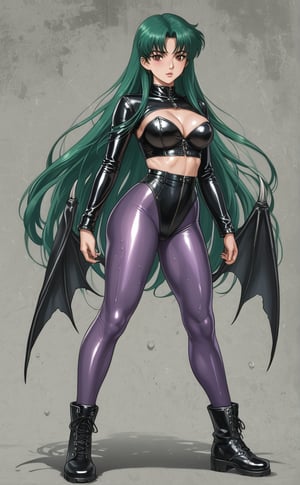 90s-anime-aesthetic,russian super sexy model.green hair,very long hair,thick legs,shiny skin,sweat body,she were black leather bustier,bat-printed purple pantyhose,black leather battle boots,She has big bat wings on her back.The red light shines on her,golden ratio,full body.,Muted Retro Colors Anime