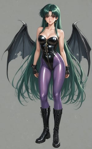 90s-anime-aesthetic,russian super sexy model.green hair,very long hair,thick legs,shiny skin,sweat body,she were black leather bustier,bat-printed purple pantyhose,black leather battle boots,She has big bat wings on her back.The red light shines on her,golden ratio,full body.,Muted Retro Colors Anime