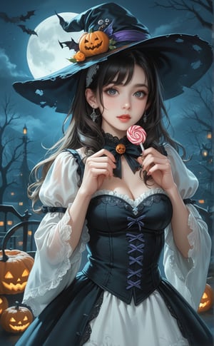 A Tove Jansson-inspired illustration of a woman in a Halloween mood, holding a treat candy on a spooky Halloween night. The soft, warm light contrasts with the eerie, moonlit background. The composition is playful, with the woman centered, her costume and candy adding a touch of whimsy. The overall tone is whimsical and enchanting, capturing a moment of festive delight.