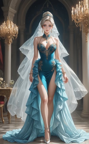 Score_9, score_8_up, score_7_up, In a lavish palace ballroom, a stunning female figure stands poised on the grand stage beneath a majestic crystal chandelier. Her exquisite features shine with radiant skin and soft, ethereal light casting gentle curves on her porcelain complexion. Long platinum locks are elegantly curled, framing her face and sparkling sapphire blue eyes that seem to dance with regal refinement. A luxurious Tiffany blue dress drapes layers of tulle, creating a dramatic silhouette, as she assumes a regal curtsey, her dynamic pose exuding confidence and poise. The camera captures her full body in perfect anatomy, highlighting the intricate details of her skin textures and sparkling crowns that add to the opulence of the scene. In Full HD, every aspect of this digital drawing is rendered with precision and depth, inviting the viewer to step into the grandeur of the palace ballroom. Movie special effects grade style.