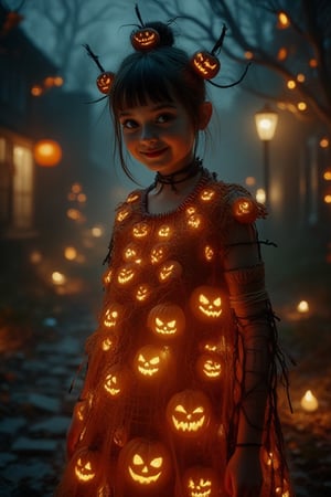 Close up pic of a young 20 year old girl with childish and creepy expressions on her face playing trick or treat. Her costume is made of numerous small pumpkins. all those pumpkins are lit up from inside creating a glowing costume. The neckline of the costume is square, wide. The costume has multiple cuts across. Her hairs are tied in an unique style with a nice artistic bun decorated with small pumpkins. Her smile is alluring and mysterious. She is standing in an long dark alley as if waiting for the next victim of her tricks!,DarkHalloween