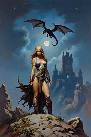 Moonlit Serenade: A breathtaking scene unfolds under the starry night sky, where a resplendent woman warrior stands proudly, clad in supple leather armor, her curvaceous figure accentuated by the soft moonlight's gentle glow. In the distance (1km), a majestic castle ruin rises, its crumbling spires reaching towards the heavens like skeletal fingers. Above, a magnificent dragon soars, its scales glinting with a subtle sheen as it casts a long, serpentine shadow across the landscape. The painting's masterful details bring this enchanted world to vivid life, transporting the viewer to a realm of wonder and magic.