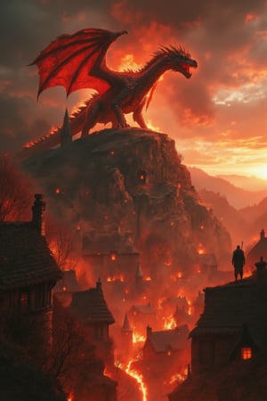 A massive dragon with crimson and obsidian scales perched atop a hill, photographed from a low angle looking up at the valley. The beast's wingspan stretches across the twilight sky, casting an ominous shadow. Flames erupt from its gaping maw, illuminating the scene with an infernal glow as the fire cascades down into a medieval village below. Thatched roofs catch ablaze, creating a dramatic contrast of orange firelight against the darkening sky. The dragon's scales glisten with a metallic sheen, its muscular form detailed in ultra-high resolution. Smoke billows from burning buildings, creating atmospheric layers in the valley. The composition draws the eye from the foreground's scorched earth up to the dragon's imposing silhouette. Technical details: Ultra HD resolution, dramatic lighting, photorealistic rendering, golden hour atmosphere, volumetric smoke effects, high dynamic range.