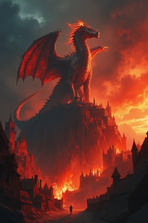 Low-angle shot of a behemoth dragon perched atop a hill, gazing down at the medieval village below as twilight descends. Crimson and obsidian scales glint in the fading light, while wingspan casts an ominous shadow across the darkening sky. Flames erupt from its maw, bathing the scene in infernal orange glow as fire cascades down into the valley. Ultra-high resolution details of scales and muscular form on full display. Dramatic contrast between fiery orange and darkening blue emphasizes dragon's imposing silhouette. Volumetric smoke effects billow from burning buildings, creating atmospheric layers. Golden hour atmosphere and high dynamic range enhance scorched earth foreground, as the dragon appears to reign supreme.