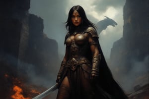 "A breathtaking vertical composition in 2:3 ratio at 16K resolution, where a powerful yet feminine warrior dominates the lower third of this moonlit fantasy scene.
Lower third (Warrior Focus):

Statuesque female warrior in foreground:

Physical presence:

Tall, athletic build (approximately 5'10")
Hourglass silhouette emphasized by moonlight
Defined curves complementing warrior physique
Strong shoulders tapering to narrow waist
Athletic legs suggesting strength and grace


Custom-fitted leather armor:

Contoured to feminine form
Corset-like waist piece with reinforced panels
Form-fitting shoulder guards
Detailed hip and thigh armor pieces
Strategic placement revealing athletic figure


Design details:

High-quality leather showing subtle sheen
Intricate tooling and stitching
Bronze buckles and fixtures
Subtle armor patterns enhancing form


Stance and pose:

Confident contrapposto stance
Head held high, scanning horizon
One hand resting on sword hilt
Other hand relaxed at side
Slight wind moving loose hair and cape





Armor and Clothing:

Expertly crafted leather ensemble:

Fitted bodice with protective plating
Shaped pauldrons following shoulder lines
Tapered waist with flexible combat panels
Armored skirt with side slits for movement
Thigh-high boots with detailed lacework


Fabric elements:

Light cape catching breeze
Subtle fabric movement in moonlight
Strategic draping enhancing silhouette



Middle third (Environment):
[Previous castle and landscape details remain same]
Upper third (Sky & Dragon):
[Previous sky and dragon details remain same]
Lighting emphasis:

Moonlight specifically highlighting:

Curves of armor
Facial features
Hair movement
Physical form


Shadow play:

Deep shadows defining form
Subtle highlights on armor
Moonlight creating dramatic contrasts
Rim lighting outlining silhouette



Technical focus:

2:3 ratio emphasizing vertical elements
16K resolution capturing fine details
Precise anatomy with realistic proportions
Careful balance of form and function
Professional, dignified presentation

Color harmony:

Main palette:

Silver moonlight on armor
Deep browns of leather
Pale skin tones in moonlight
Dark hair with moonlit highlights


Environmental tones:
[Previous color details remain same]

The composition should emphasize the warrior's feminine strength while maintaining a respectful and powerful portrayal. The focus is on the harmony between beauty and battle-readiness, creating a character who is both formidable and feminine."