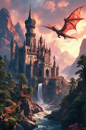 8k, A majestic landscape unfolds before us, with a picturesque castle standing tall in the distance. The setting sun casts a warm golden glow upon its stone walls, highlighting the intricate details and grandeur of this medieval stronghold. In the sky above, a mighty dragon spreads its wings, its scales glinting in the fading light as it soars effortlessly across the horizon, against a backdrop of rolling hills and lush greenery.