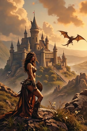 8k, A majestic landscape unfolds before us, with a picturesque castle standing tall in the distance. A beautiful warrior in a bikini leather armor with a mask around the waist. The setting sun casts a warm golden glow upon its stone walls, highlighting the intricate details and grandeur of this medieval stronghold. In the sky above, a mighty dragon spreads its wings, its scales glinting in the fading light as it soars effortlessly across the horizon, against a backdrop of rolling hills and lush greenery.,Fantasy detailers 