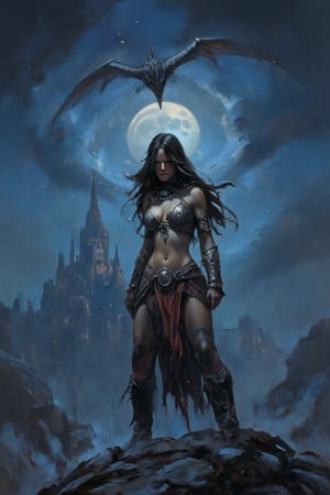 Moonlit Serenade: A breathtaking scene unfolds under the starry night sky, where a resplendent woman warrior stands proudly, clad in supple leather armor, her curvaceous figure accentuated by the soft moonlight's gentle glow. In the distance (1km), a majestic castle ruin rises, its crumbling spires reaching towards the heavens like skeletal fingers. Above, a magnificent dragon soars, its scales glinting with a subtle sheen as it casts a long, serpentine shadow across the landscape. The painting's masterful details bring this enchanted world to vivid life, transporting the viewer to a realm of wonder and magic.