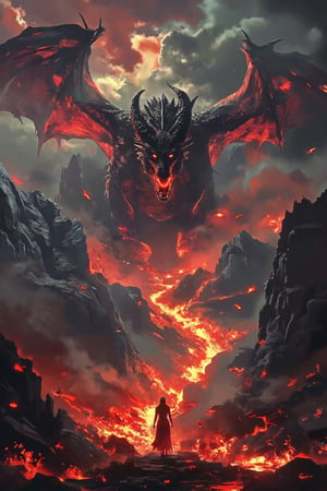 A majestic heroine stands triumphantly, surrounded by a fiery inferno as a behemoth red-black dragon soars through the smoky veil in the distance, its wings beating fiercely as it spews flames in every direction. Towering mountain ranges rise majestically into the darkening sky, their rugged peaks shrouded in mist and chaos.