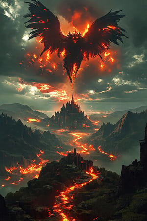 A panoramic shot captures the breathtaking view from the crest of a lush green hill, overlooking a vast valley stretching out before it. In the distance, a colossal red-black dragon soars through the sky, its massive wings beating powerfully as it belches flames from its scorching hot mouth. The fiery breath illuminates the surrounding landscape, casting an eerie glow on the hills and trees below.