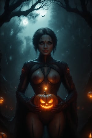 A spooky art drawing of a woman standing in a dimly lit, eerie forest. She holds a glowing pumpkin in her hands, casting an ominous light on her face. Her expression is one of mystery and intrigue, with a slight smile. The background features twisted trees and a full moon, creating a haunting atmosphere. The composition is centered, with the woman in the foreground and the forest in the background, emphasizing the spooky mood.