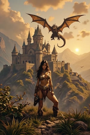 A breathtaking 8k scene: A majestic castle stands majestically in the distance, its stone walls bathed in a warm golden glow as the setting sun casts its rays upon the intricate details and grandeur of this medieval stronghold. In the foreground, a stunning warrior clad in bikini leather armor and mask around waist, posed confidently amidst lush greenery and rolling hills. Above, a magnificent dragon spreads its wings, scales glinting in fading light as it soars effortlessly across the horizon against a backdrop of serene landscape.