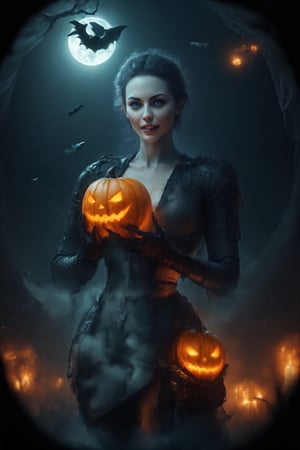 A spooky art drawing of a woman standing in a dimly lit, eerie forest. She holds a glowing pumpkin in her hands, casting an ominous light on her face. Her expression is one of mystery and intrigue, with a slight smile. The background features twisted trees and a full moon, creating a haunting atmosphere. The composition is centered, with the woman in the foreground and the forest in the background, emphasizing the spooky mood.