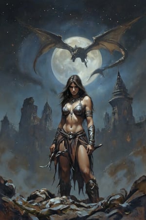 Moonlit Serenade: A breathtaking scene unfolds under the starry night sky, where a resplendent woman warrior stands proudly, clad in supple leather armor, her curvaceous figure accentuated by the soft moonlight's gentle glow. In the distance (1km), a majestic castle ruin rises, its crumbling spires reaching towards the heavens like skeletal fingers. Above, a magnificent dragon soars, its scales glinting with a subtle sheen as it casts a long, serpentine shadow across the landscape. The painting's masterful details bring this enchanted world to vivid life, transporting the viewer to a realm of wonder and magic.