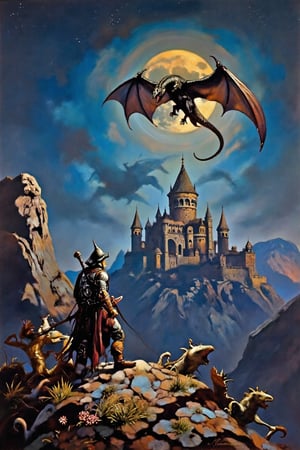 A beautiful scenery of nature that glitters in the moonlight of the moon that can be seen in the night sky full of stars. A beautiful warrior in leather armor, a majestic castle ruin rises in the distance, a large dragon flies above the castle. It is placed on the great details of the painting.