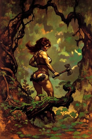 A majestic and fierce warrior woman stands at the edge of a dense forest, her toned physique evident beneath her worn leather bikini armor. Her piercing eyes blaze with fury as she readies her battle-axe, the afternoon sunlight casting a golden glow on her taut muscles. The lush foliage surrounding her creates a mystical atmosphere, while the earthy scent of damp soil and decaying leaves fills the air. In this stunning 16K masterpiece, her beautiful features are accentuated by the natural beauty of the forest, as she prepares to unleash her wrath upon her enemies.