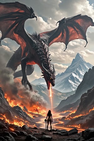 A beautiful warrior in a bikini leather armor with a mask around the waist. standing on the battlefield, clutching a large rune sword in her hand, in the distance her huge red-black dragon flies to her aid, spewing fire in all directions. In the background are huge mountains.