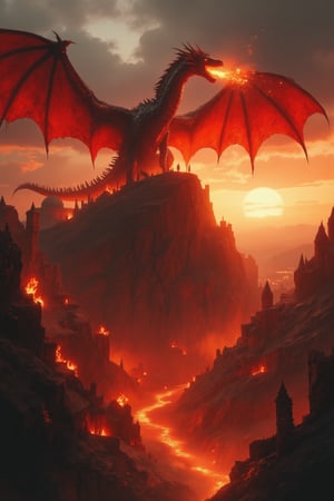 Photograph a massive dragon with crimson and obsidian scales perched atop a hill from a low angle looking up at the valley. The beast's wingspan stretches across the twilight sky, casting an ominous shadow. Flames erupt from its gaping maw, illuminating the scene with an infernal glow as fire cascades down into a medieval village below. Capture ultra-high resolution details of the dragon's scales and muscular form. Highlight dramatic contrast between orange firelight against darkening sky. Volumetric smoke effects should billow from burning buildings, creating atmospheric layers in the valley. Golden hour atmosphere and high dynamic range should emphasize the dragon's imposing silhouette and scorched earth foreground.