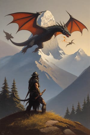 A fearless female warrior standing on the edge of a fantastic meadow that is on the edge of a deep forest, against the background of snow-capped mountain peaks, against the background of which a huge red-black dragon flies in the sky that breathes fire,