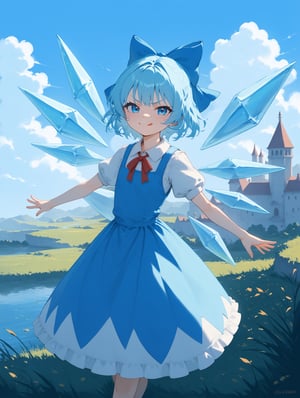 score_9, score_8_up, score_7_up, score_6_up, score_5_up, score_4_up, source anime 
BREAK 
cirno,v-shaped eyebrows, tongue out, cheeky, small lake backdrop,(Cirno, petite), clear_sky, wings, blue_eyes, dress, bow, ice_wings, blue_hair, ice, blue_dress, short_sleeves, blue_bow, short_hair, hair_bow, puffy_sleeves, red_ribbon, flat_chest, bending towards viewer, smug, misty, standing on grass, (mansion in the background)