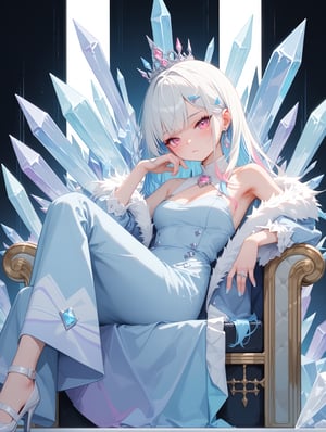 score_9, score_8_up, score_7_up, score_6_up, score_5_up, score_4_up, source anime 
BREAK 
regal and dominant queen, sitting on throne, leaning back, crystal throne, head resting on hand, oppressive, triangle mouth, pastel colors, side view, long multicolored hair, light blue and white hair, light pink eyes