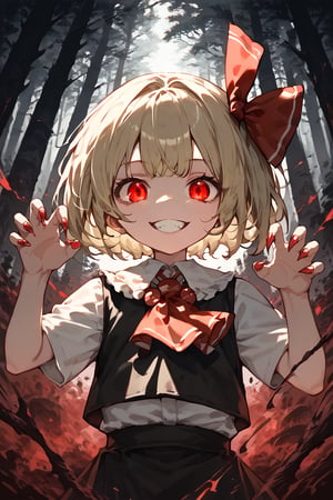 (score_9,score_8_up,score_7_up,masterpiece,best quality,detailed face, detailed eyes),
1girl,rumia, blonde hair, black vest, red patterned ascot, red eyes, white shirt, facing viewer,claw pose,
red ribbon in hair, (girl floating:1.2), dark forest, sinister expression, loli, short hair, evil crooked smile,solo,close up,Eyes, dangerous