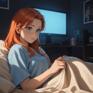 score_9, score_8_up, score_7_up, score_6_up, score_5_up, score_4_up, source_anime
BREAK
cute redhead girl, peeking out from underneath blanket, watching tv in (dark room:1.3), face illuminated by (blue tv light:1.3), ambient, tv, (blue lighting:1.3), isometric view