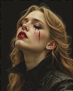 gothic horror vintage illustration, vampire blonde girl with bloody tears, intricate, elegant, highly detailed, digital painting, artstation, concept art, smooth, sharp focus, illustration, art by artgerm and greg rutkowski and alphonse mucha and william - adolphe bouguereau