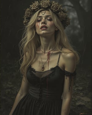 gothic horror vintage illustration, vampire blonde girl with bloody tears running down face, hair hanging down, dirty clothes, dark, raining, intricate, elegant, highly detailed, digital painting, artstation, concept art, smooth, sharp focus, illustration, art by artgerm and greg rutkowski and alphonse mucha