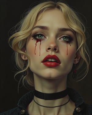 gothic horror vintage illustration, vampire blonde girl with bloody tears running down face, intricate, elegant, highly detailed, digital painting, artstation, concept art, smooth, sharp focus, illustration, art by artgerm and greg rutkowski and alphonse mucha, 8 k