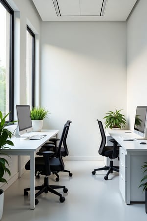 A small office interior with two desks arranged parallel to each other, each equipped with a personal computer. The desks are minimalist, with simple white surfaces and ergonomic chairs. The room features large windows on one wall, allowing natural light to illuminate the space. A few potted plants add a touch of greenery. The overall design is clean and functional, with a focus on productivity and comfort.