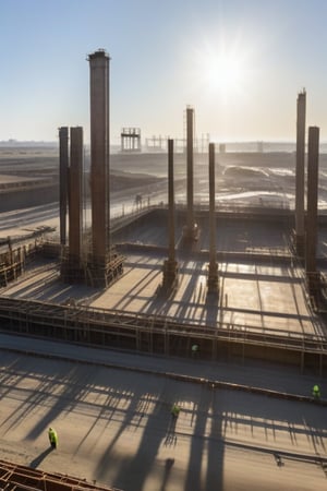 A sturdy steel beam rises from the foundation, surrounded by a flurry of activity as workers in hard hats and reflective vests navigate the treacherous site. The sun casts long shadows across the dusty landscape, highlighting the precarious balance of concrete pillars and tangled rebar. In the distance, a crane lifts heavy loads into place, its mechanical arm stretching towards the sky.