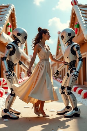 A vibrant, whimsical scene of a woman dancing gracefully with robots in a colorful cookie town. The town is filled with gingerbread houses and candy decorations, with the woman in a flowing dress and the robots in sleek, metallic designs. The shot is framed mid-distance, capturing the dynamic movement and interaction. Soft, warm lighting enhances the playful atmosphere, with the composition emphasizing the harmony between the human and robotic dancers.