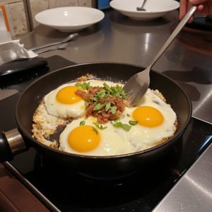 photo of cooking eggs on a Teplon on a restaurant kitchen stove, photo taken with super realistic cell phone quality