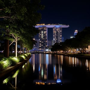 Hyper realistic photo, a place in Garden by the Bay Singapore, photo taken at night with a cellphone flash