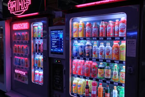 Photo of a futuristic high-tech vending machine in a neon-lit city, selling singapore drinks. The machine features glowing buttons, digital price tags and a holographic interface. Bright neon lights reflect off the glass, creating a provocative dystopian atmosphere. High contrast, cinematic lighting, aesthetics, close-up views, bright neon colors.