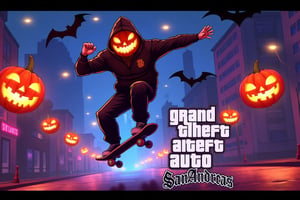 Lively urban scene with pumpkin head jack-o lanterns in casual and modern clothes, skateboarding on a neon lit city street. Jack-O Lantern is in the air surrounded by flying bats. He makes stylish jumps, with dynamic lighting that produces sharp shadows. The composition is in the center, capturing the ninja's confident pose and the cityscape in the background.,gtastyle,Stylized illustration of characters from Grand Theft Auto,shadow,San Andreas,poster text "'HELLOWEEN THEFT AUTO''SAN ANDREAS'"