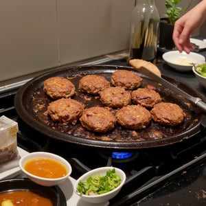 photo of cooking beef patties on a large grill stove in the kitchen, photo taken with super realistic cellphone quality