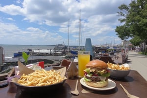 photo of burgers on a table during the day by the sea, photo taken with a super realistic quality cell phone