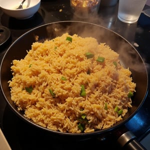 photo of cooking fried rice in a Teplon on a restaurant kitchen stove, photo taken with super realistic cellphone quality