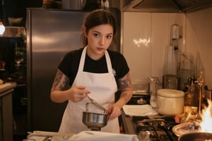 photography of an Asian girl with tied brown hair, with a serious expression, wearing a black t-shirt and white apron, tattooed arms, like a famous chef who is focused on cooking and holding a teplon in the kitchen with warm light and the flame effect from the stove giving a tense impression