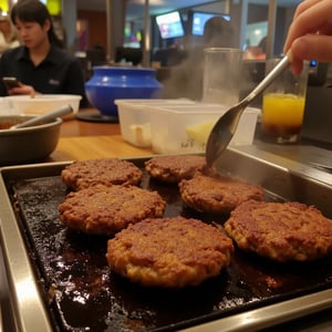 photo of cooking beef patties on a grill stove in a burger restaurant kitchen, photo taken with super realistic cellphone quality