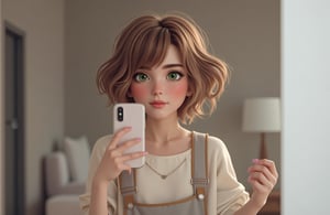 A photo of a girl, 3d cartoo, short curly hair, fair-haired, holding, green eyes, indoors, pink nail polish, phone, cellphone, smartphone, holding phone, realistic, selfie, overalls, taking picture, photo background, photo inset, looking into a mirrow, without teeth, 
mouth closed