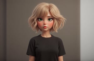 A photo of a girl, 3d cartoon, looking at viewer, short hair, fair-hairedб curly hair, shirt, green eyes, jewelry, closed mouth, upper body, short sleeves, indoors, lips, black shirt, t-shirt,  realistic, photographic